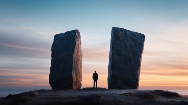 A dramatic portrait of a figure standing between two colossal statues, set against a grand, awe-inspiring sky.
