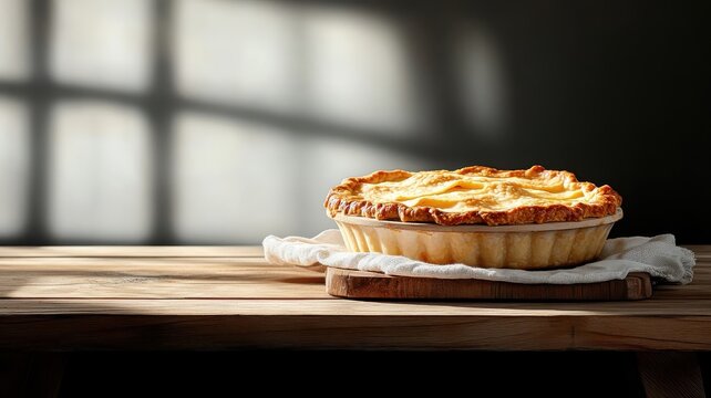 Apple pie in chiaroscuro lighting, highlighting textures and shadows.