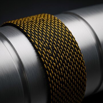 Supply chain resilience and corporate tensile strength concept featuring woven aramid fiber strap bound tightly around industrial metal cylinder