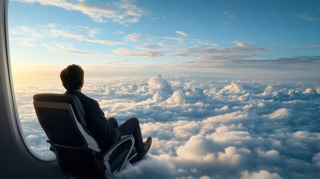 Passenger stepping onto a cloud from first-class seat, surreal vision.