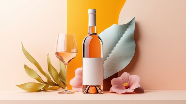 Stylized illustration of ros&eacute; wine and glass with geometric floral pattern.