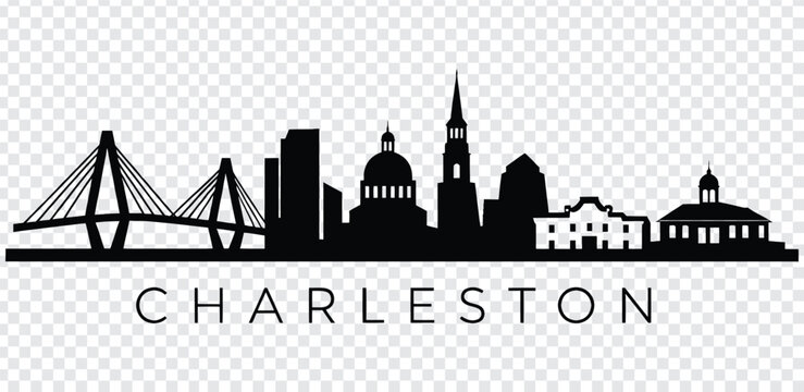 Black silhouette cityscape of charleston with bridge and buildings