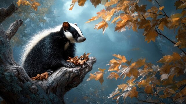 Skunk foraging for food in a moonlit forest.