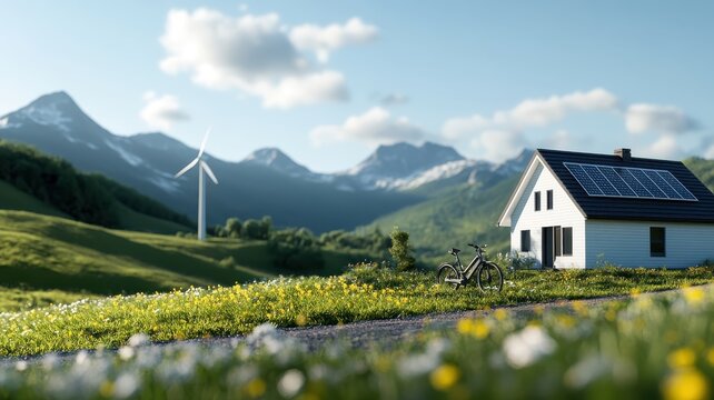 A photorealistic image of a smart home nestled in nature, demonstrating a harmonious coexistence with the environment.