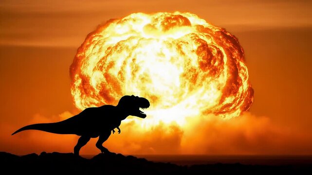 Silhouette of dinosaur against giant explosion in sky. Concept of prehistoric extinction event or asteroid impact. Cinematic depiction of Jurassic era catastrophe.