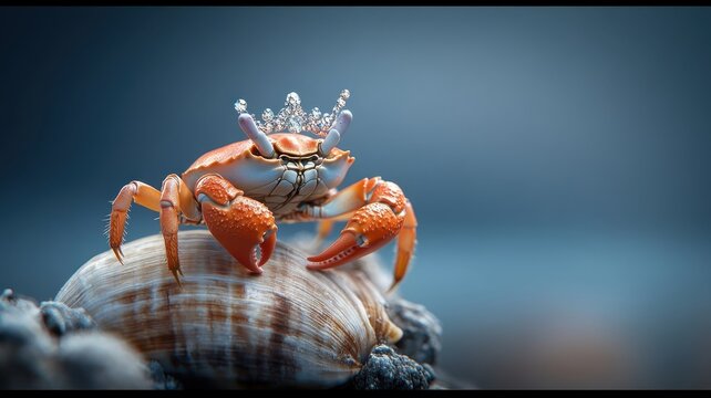A crab with a sparkling crown majestically perched on a large shell.