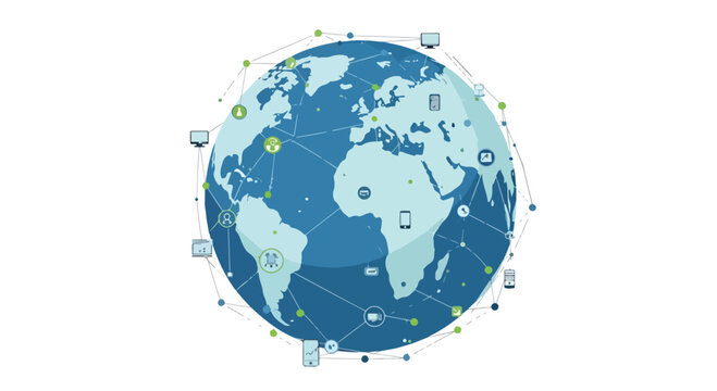A blue globe with various devices and connections