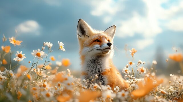 A fox playfully jumping through a field of wildflowers, with a bright blue sky and the sun casting a warm glow.