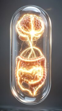 Gut brain axis communication brain gut intestine colon neuron nerve synapse anatomy microbiome health glowing brain and gut inside transparent capsule showing neural connection for wellness