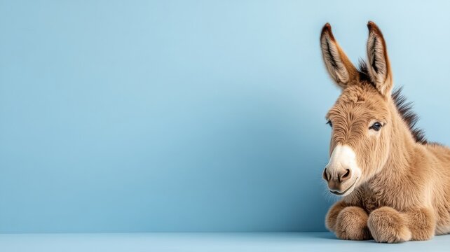 Professionally lit studio shot of a donkey, with soft lighting highlighting its unique features and detailed fur against a clean backdrop.
