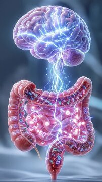 Gut brain axis communication concept illustrating brain intestine neuron network and microbiome digestion anatomy science with glowing neural signals linking digestive tract for health research