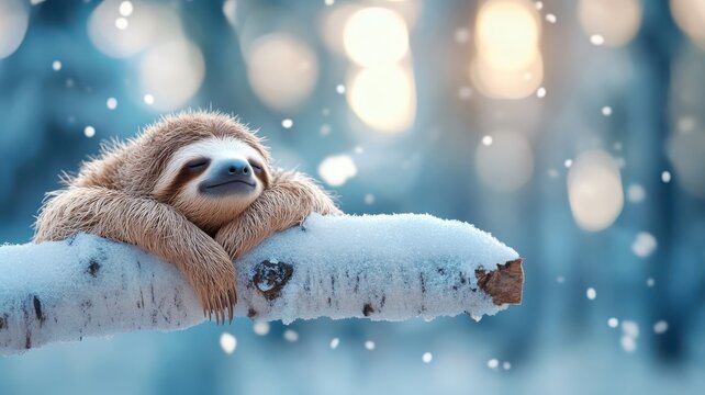 Sloth perched on snow-covered branch under Northern Lights, its slow movements contrasting vibrant auroras.