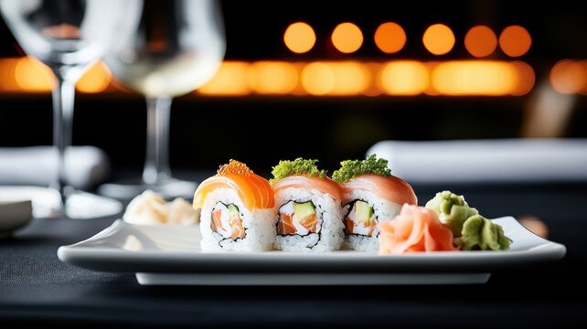 High-end sushi restaurant with assorted sushi, elegant plating, soy sauce, pickled ginger, and wasabi.