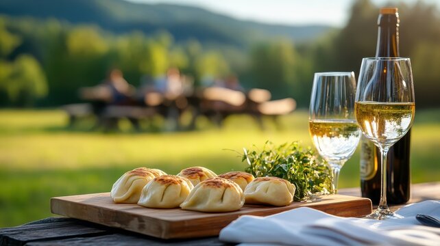 A casual picnic spread featuring pierogies, ideal for relaxed outdoor dining.