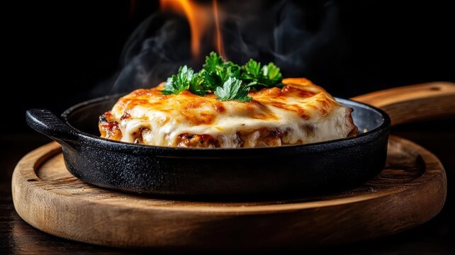 Francesinha being grilled with a bubbling, golden cheese top, showcasing the flame that crisps up its delicious layers.