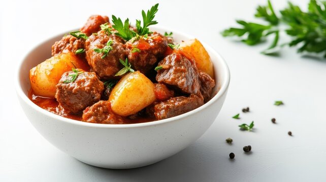 Goulash isolated on a clean white background, highlighting its rich color and hearty texture.