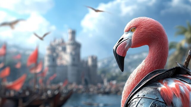 A flamingo in medieval knight armor standing in front of a grand castle, representing bravery and historical chivalry.