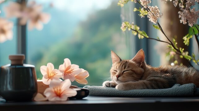 A cat relaxing in a luxurious spa surrounded by exotic flowers and plush amenities, enjoying the ultimate comfort.
