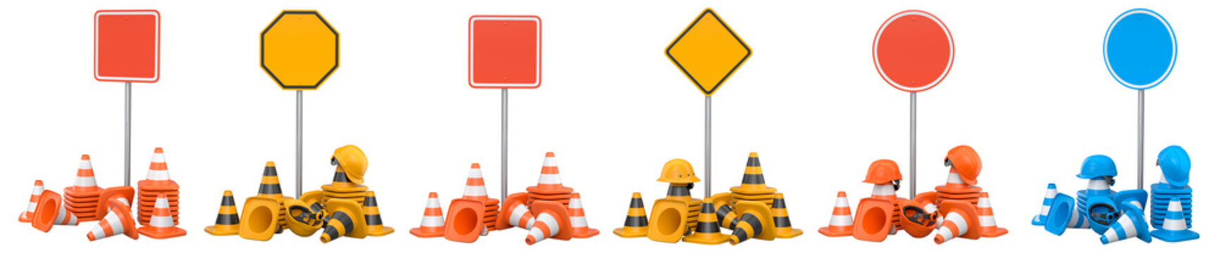 Construction hard hats, traffic cones, and road signs isolated on white background with clipping path, concept of safety gear