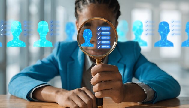 Recruitment and Evaluation Business Concept with Magnifying Glass &ndash; Analysis, Selection, Data, Human Resources, Strategy, Corporate, Hiring, Assessment, recruitment, evaluation, business, concept