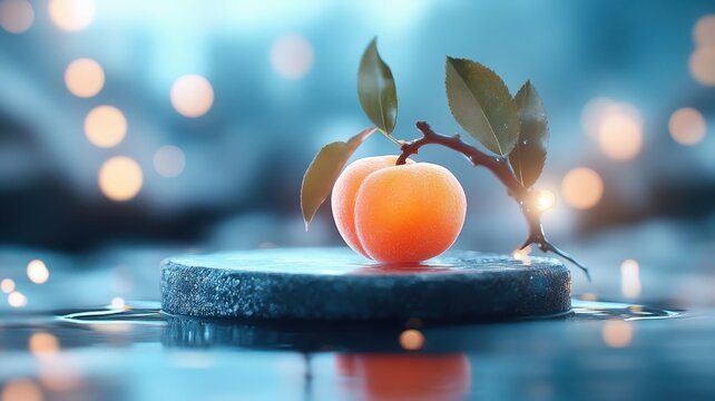 Sea podium with glowing lights emphasizing a nectarine in a fantastical setting.