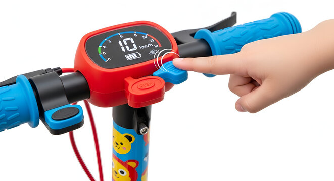 Close-up of a child's hand activating the display on the handlebar of a colorful electric scooter, showcasing interactive technology for young riders