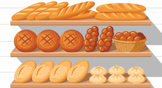 A digital illustration of various types of bread on wooden shelves