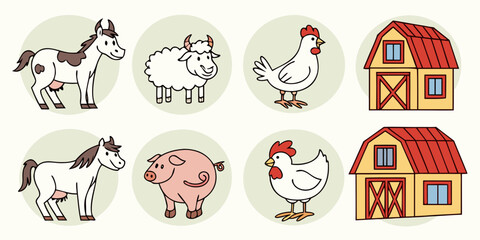 Round icons collection of farm animals and wooden barns with collection illustration agriculture livestock isolated domestic production breeding management countryside building character © RABBYMIA