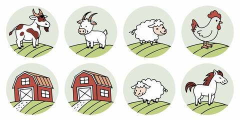 Set of round stickers featuring farm animals and barns on grass illustration agriculture livestock isolated domestic production breeding management countryside landscape character © RABBYMIA
