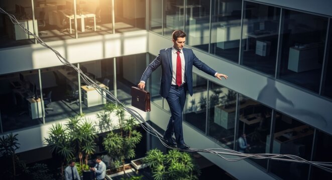 Businessman walking on tightrope between modern office buildings.
