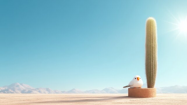 A Budgerigar resting on a desert podium next to a tall cactus under a bright sun.