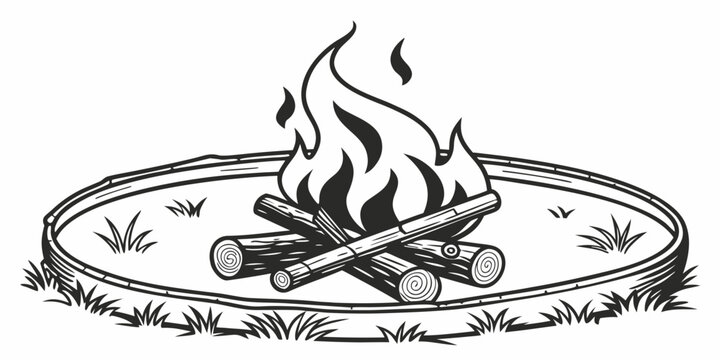 Vector line art illustration of a campfire burning inside a defined circular fire pit area with campfire adventure vacation recreation illustration monochrome activity backyard containment