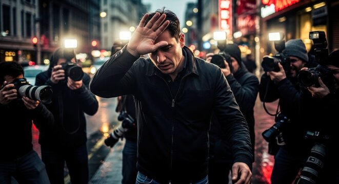 Celebrity overwhelmed by paparazzi flashbulbs on a busy city street at night.