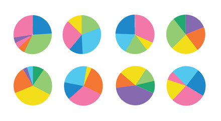 Fototapeta premium A collection of colorful vector pie chart illustrations displaying diverse data segments and proportions