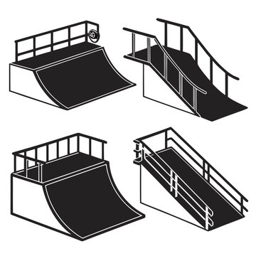 Set of isometric skate park ramps and stair rails collection with isometric obstacle collection halfpipe quarterpipe recreation activity training structure concrete silhouette facilities