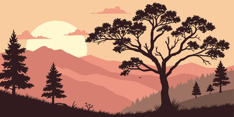 Mountain forest landscape silhouette under a glowing sunset sky with mountain silhouette landscape wilderness coniferous panoramic background illustration environment peaceful topography © RABBYMIA