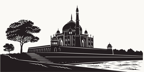 Silhouette illustration of a grand domed temple building beside a river and tree with monument silhouette architecture building historical landmark illustration religion structure staircase © RABBYMIA