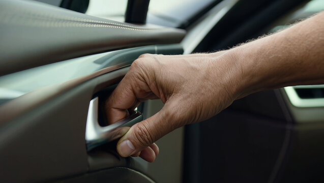 man hand gripping interior car door handle pulling to open door inside modern vehicle cabin with leather seat and light gray trim close up automotive interior lifestyle concept