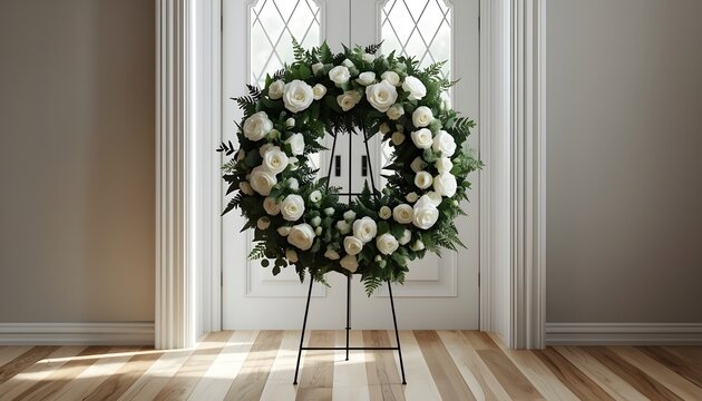 Elegant White Rose Funeral Wreath on Stand Memorial Floral Arrangement for Sympathy and Condolence in Church Interior