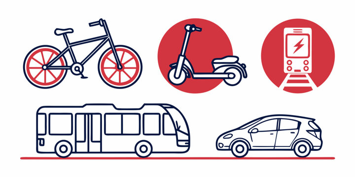Set of modern urban transportation icons including bicycle scooter train bus and car with transportation mobility electric graphics collection delivery shipping logistics traveling commuter