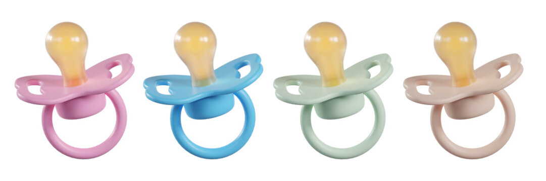 Set of colored 3d Baby Pacifier, isolated on background. Infant soother dummy for newborn care, baby hygiene and parenting concept. 3d render
