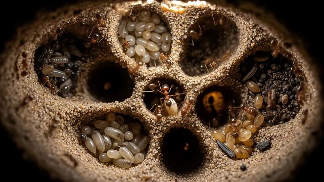 Ant colony cross-section reveals chambers with eggs, larvae, and ants at work in their nest