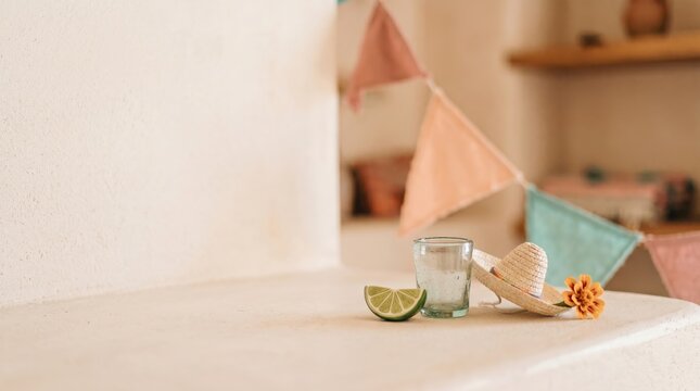 Festive Cinco de Mayo party decorations with tequila shot, lime wedge, and mini sombrero on adobe surface