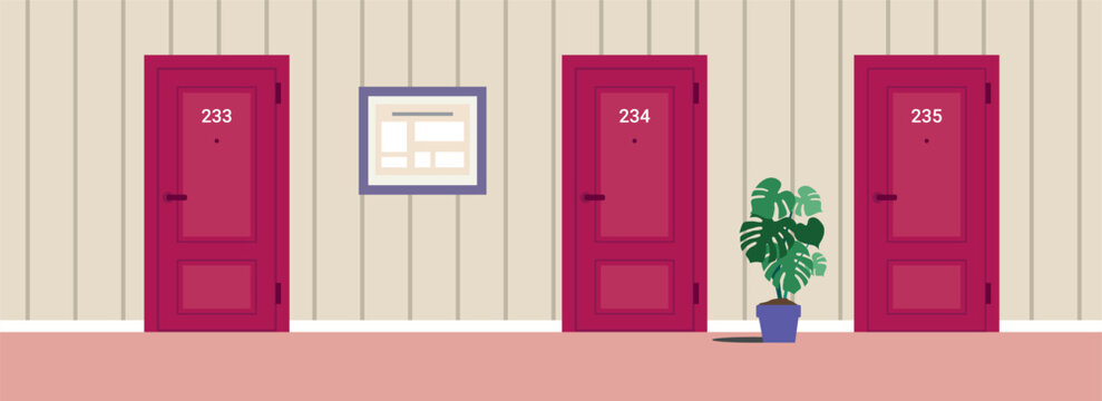 Apartment building corridor with three doors, with framed notice board. Modern residential hallway interior in pastel colors. Flat vector illustration
