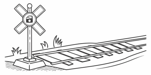 Railway crossing signal and tracks line art illustration with crossing transportation railroad infrastructure illustration locomotive engineering monochrome isolated industry navigation © RABBYMIA