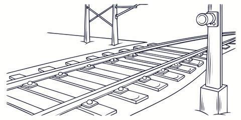 Hand drawn illustration of railway track infrastructure with railroad transport transportation engineering infrastructure perspective movement industry locomotive railwaytrack blackandwhite © RABBYMIA