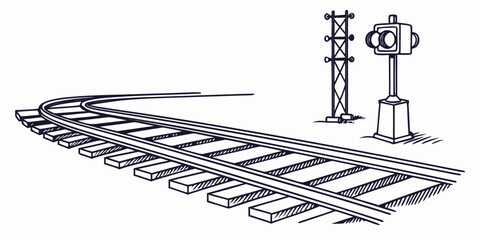 Illustration of a curved railway track with a signaling pole railroad transport transportation signaling infrastructure locomotive railwaystation industry engineering junction movement © RABBYMIA