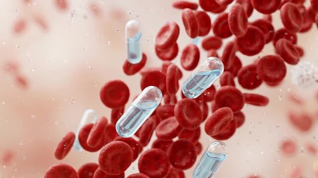 Insulin glucose vs red blood cell capsule medicine bloodstream medical concept for diabetes hormone treatment, blood glucose insulin therapy with floating capsule among cells, 3d render health care
