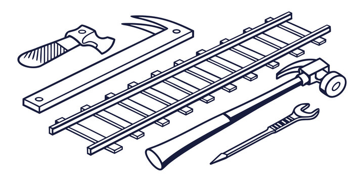 Industrial railway maintenance tools including a rail section and metal hand tools black and white line art isometric style illustration with railroad maintenance industrial construction hardware