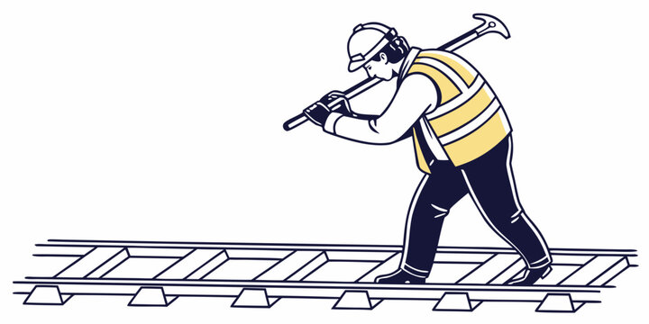 Railway worker inspecting train tracks with tool inspecting maintenance construction engineer railroad transportation industry professional operator infrastructure technical employment
